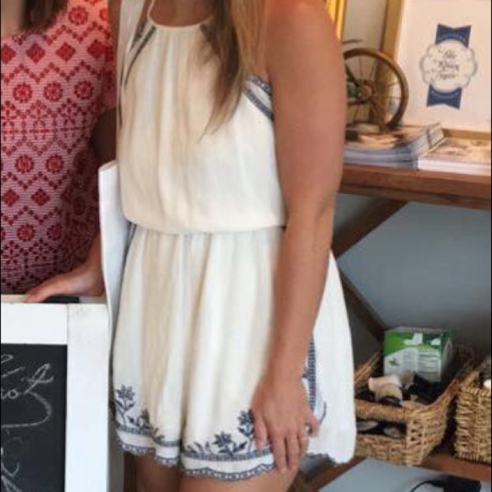 Lush White Romper with Blue Embroidered Trim